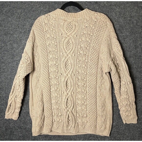 VINTAGE 90s EXPRESS TRICOT Chunky Cable Knit Sweater L Tan Bobble - Picture 6 of 7